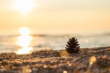 One pine cone on the beach against the backdrop of the sunset. Pine cone like a Christmas tree with garland highlights. Selective focus on a nearby bud.