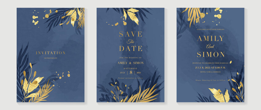 Blue and navy indigo floral and gold watercolor wedding invitation vector set. Luxury background and template layout design for invite card, luxury invitation card and cover template.