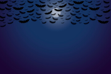 Fototapeta na wymiar black purple gradiend sky and bright moon illustration graphic with lot of bats on halloween holiday