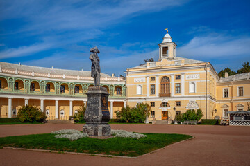 View of the Summer Palace of Emperor Paul I in Pavlovsk on a sunny autumn morning, St. Petersburg Russia. The inscription on the monument: "To Emperor Paul I. The founder of Pavlovsk. 1872"