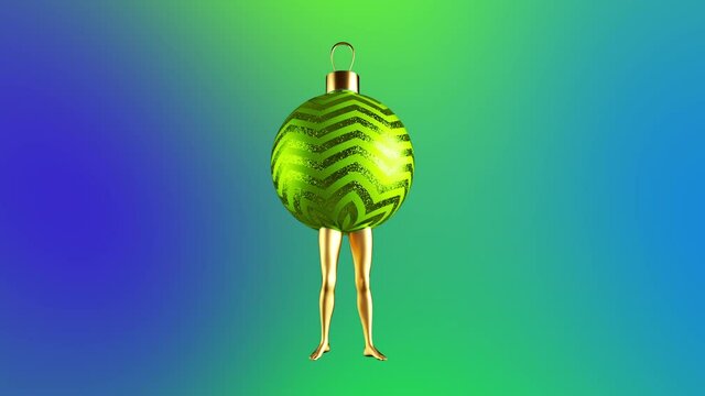 looping animation of dancing cartoon character. 3d christmas tree ball ornament with golden mannequin legs. Funny toy dance
