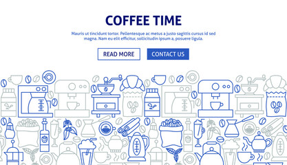 Coffee Time Banner Design. Vector Illustration of Outline Template.