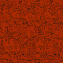 Coffee Time Line Seamless Pattern. Vector Illustration of Outline Background.
