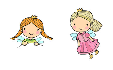 Cute cartoon fairies and princesses. Fairy elves. Children s illustrations. Vector