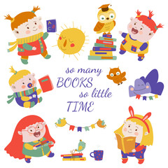 A set of children reading books. Happy children holding books in their hands.  Vector illustration on white background in cartoon style. Hand drawing. For printing postcards, posters.