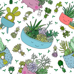 Pattern with cute cartoon succulents. cactus and aloe in pots. Small elves and fairies.