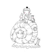The little prince, kitten and bunny ride a snail. Cute funny boy. Design for a boy