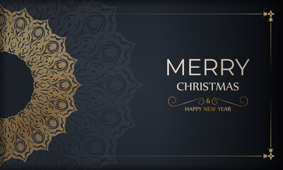 Merry christmas and happy new year greeting brochure template in dark blue color with luxury golden pattern