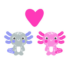 Hand drawn two cute axolotls with heart. Perfect for T-shirt, textile and prints. Cartoon style vector illustration for decor and design.
