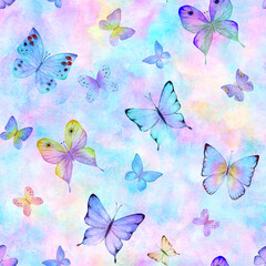 Fototapeta na wymiar Seamless botanical summer pattern with colorful watercolor butterflies
