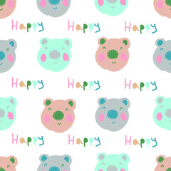 Colorful seamless pattern with happy bear faces. Perfect for T-shirt, textile and prints. Hand drawn vector illustration for decor and design.
