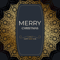 Merry Christmas and Happy New Year greeting card template in dark blue color with luxury gold ornaments
