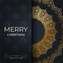 Merry Christmas and Happy New Year greeting card template in dark blue color with vintage gold pattern
