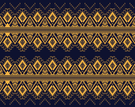 Yellow Geometric ethnic texture embroidery design with dark blue background design, skirt,wallpaper,clothing,wrapping,fabric,sheet, triangle shapes Vector, illustration pattern design.eps
