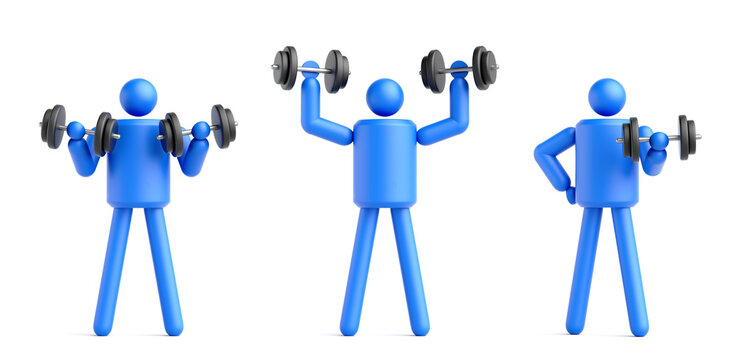 3d render. Abstract man symbol, sports clip art isolated on white background. Power lifting workout. Sportsman lifts heavyweight dumbbell, athlete icon set