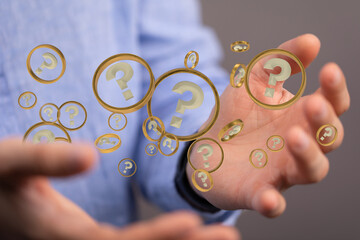 Businessman solving problem with digital question marks 3D rendering