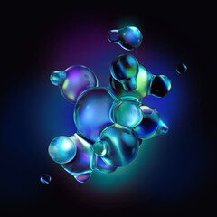 3d render, abstract background with blue green luminescent bubbles glowing in ultraviolet neon light, scientific macro