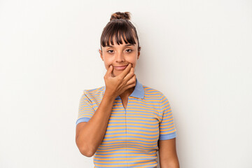 Young mixed race woman isolated on white background  doubting between two options.