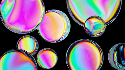 3d render, abstract colorful glass balls or iridescent spectrum bubbles isolated on black background