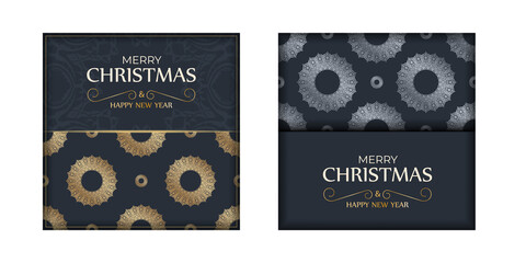 Template greeting card Happy New Year in dark blue color with vintage gold ornament