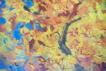 Autumn foliage with sky background. Fall branches picturesque wallpaper. Brush strokes yellow and turquoise blue splashes texture. Wellness and optimistic concept.