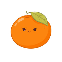Funny orange with green leaf in kawaii style. Character with happy and cute face. Vector illustration isolated on white background.