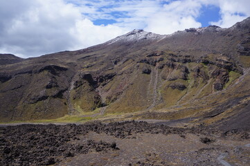 Tongariro National park in New Zealand in cloudy weather. Famous Tongariro alpine crossing hike