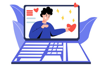 Video call, laptop monitor. A man with a Valentine in his hands. The man on the laptop screen