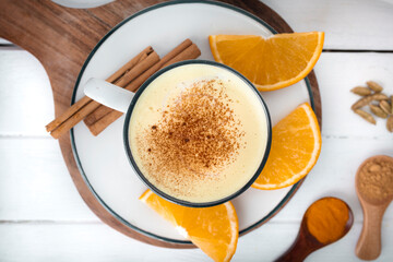 Homemade golden milk. Anti-inflammatory drink. Healthy breakfast