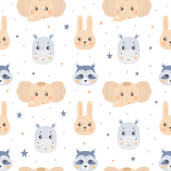 Seamless pattern with cute animal faces. The muzzle of a elephant, raccoon, hippo, bunny on a white background. Vector for textiles and poster design, kids' clothing.