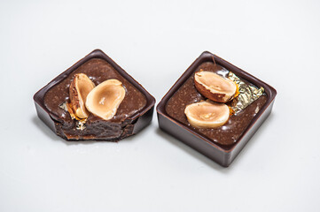 Chocolate candies, sweet food background.