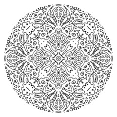 Strange mandala on a white background. Unusual creatures with long arms, eyes, alien animals. Doodle style drawing. Black outline. Decorative isolated drawing.