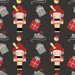 Vector christmas seamless pattern with Nutcracker and mouse, gifts  for fabrics, paper, textile, gift wrap isolated on black background