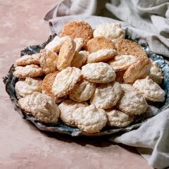 Coconut gluten free cookies with coconut flakes. Top view