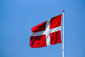 National flag of denmark in the color of res and white, Europe