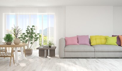 White living room with sofa and summer landscape in window. Scandinavian interior design. 3D illustration