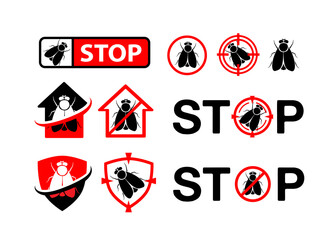 Fly emblems. Pest control badges set. Design elements, labels and stickers, danger and stop signs with fly silhouette.