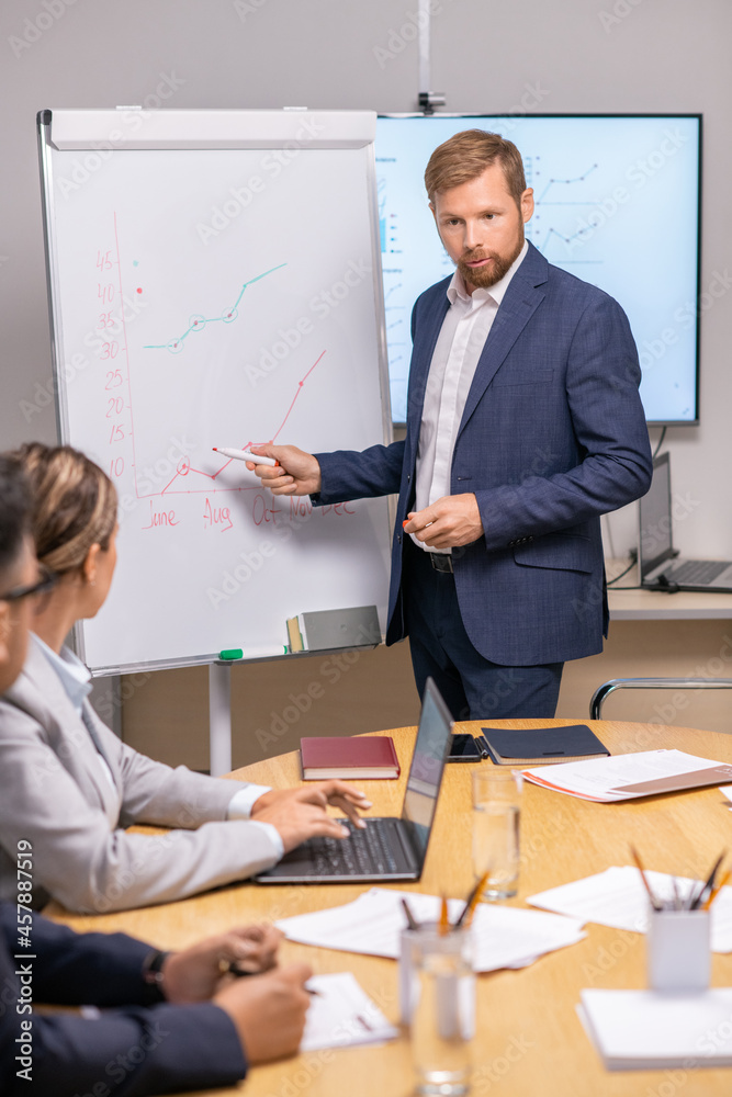 Aufkleber young serious businessman pointing at graph on whiteboard and looking at economists during presentat