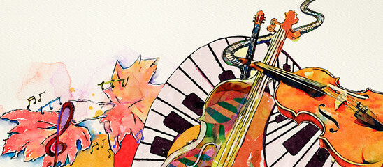 Autumn concert. World of music. Watercolor. - obrazy, fototapety, plakaty