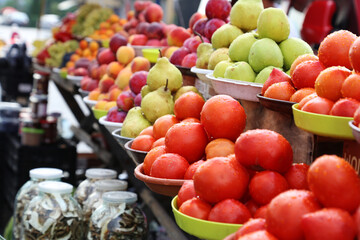 Fruits and vegetables selling on local farm market, eco, juicy products. Shopping organic products. Healthy grocery