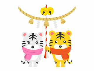 初詣の参拝をする虎のカップルのイラスト