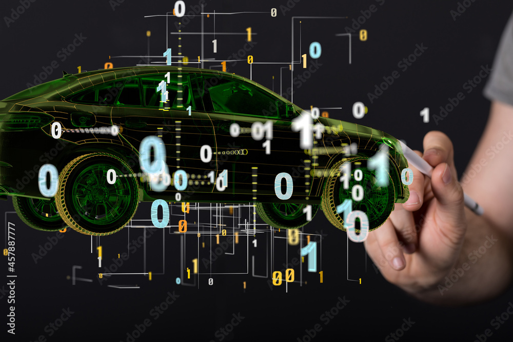 Poster electric car icon from lines, triangles and particle style