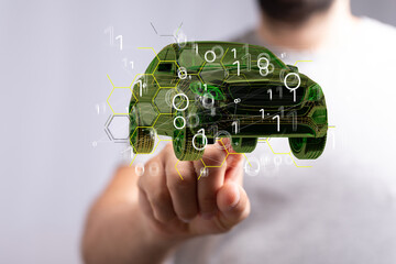 Electric car icon from lines, triangles and particle style