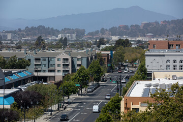 Fototapeta na wymiar Daytime aerial view of the downtown Bay Area city of Richmond, California, USA.