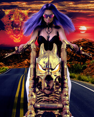 Plakat 3d render. Woman on a motorcycle. Girl driving on the road at sunset