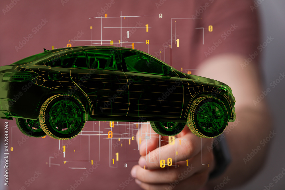 Poster Electric car icon from lines, triangles and particle style