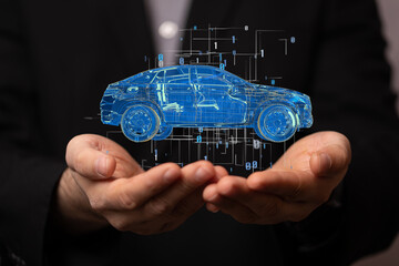 Electric car icon from lines, triangles and particle style