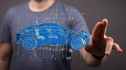 Electric car icon from lines, triangles and particle style