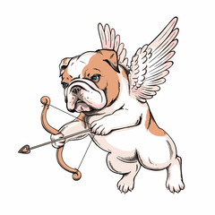 Cute english bulldog puppy with angel wings. Vector illustration in hand-drawn style. Cupid illustration. Image for printing on any surface	