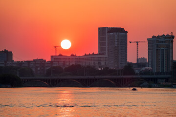 Sunset on a pond in the center of the city. Yekaterinburg, Russia